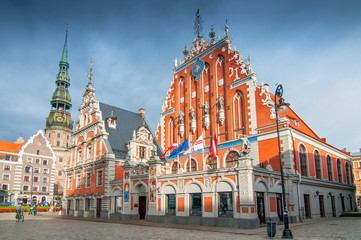City Hall Square with House of the Blackheads and Saint Peter church in Old Town of Riga in the...