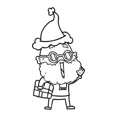 line drawing of a joyful man with beard and parcel under arm wearing santa hat