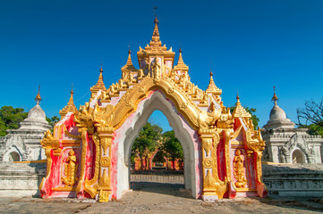 Entrance gate, Tipitaka chedis or stupas, Kuthodaw Paya, temple complex in Mandalay, Myanmar, Asia.