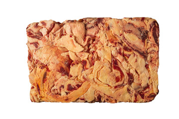 Frozen block of beef on a white background.
