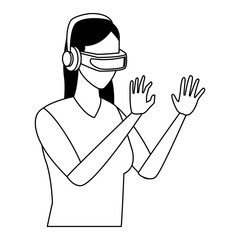 Woman playing virtual reality glasses in black and white