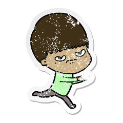 distressed sticker of a cartoon angry boy