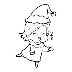 happy line drawing of a girl wearing santa hat