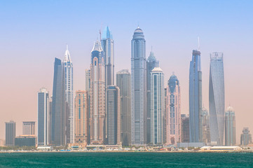 Panorama of modern skyscrapers Dubai Marina from the Palm Jumeirah Island, United Arab Emirates.