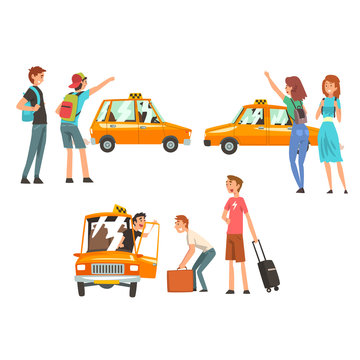Taxi Service Set, City Transportation, Clients Waving to Taxi Vector Illustration
