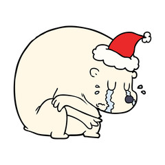 crying line drawing of a polar bear wearing santa hat