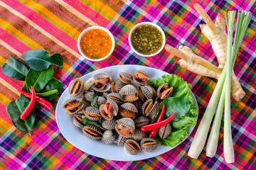 Boiled fresh cockles on lettuce vegetable for seafood serving