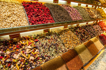 Wide selection of exotic oriental sweets including baklava, toffees and crystallised fruits in the Spice Market, Istanbul, Turkey.