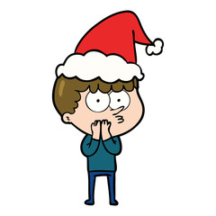 line drawing of a curious boy wearing santa hat