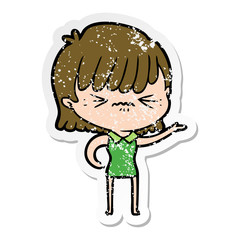 distressed sticker of a annoyed cartoon girl