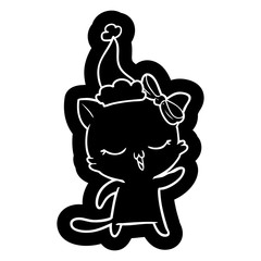 cartoon icon of a cat with bow on head wearing santa hat