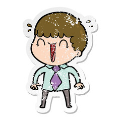 distressed sticker of a laughing cartoon man in shirt and tie