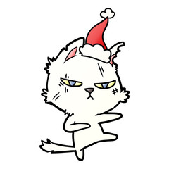 tough gradient cartoon of a cat wearing santa hat