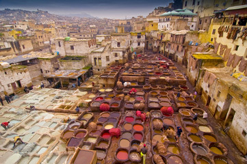 Traditional leather tanneries in the medina of Fez, Morocco, Africa.
