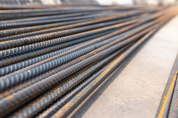 Steel bar on the road in construction site, background.