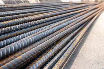 Steel bar on the road in construction site, background.