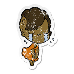 distressed sticker of a cartoon crying girl