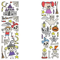 Halloween themed doodle set. Traditional and popular symbols - carved pumpkin, party costumes, witches, ghosts, monsters, vampires, skeletons, skulls, candles, bats. Isolated over white background.