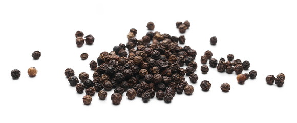 Black pepper grains isolated on white background