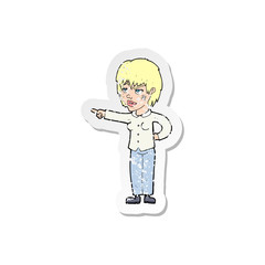 retro distressed sticker of a cartoon woman pointing