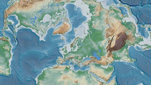 Norway area presented against the global physical map in the Patterson Cylindrical projection with animated oblique transformation