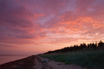 Anxious pink sunset on the coast of the White Sea. Nature landscape sunset background