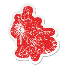 cartoon distressed sticker of a happy fox wearing santa hat