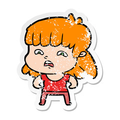 distressed sticker of a cartoon worried woman