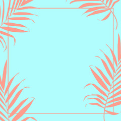Vector tropical pink palm leaves on turquoise background