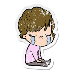 distressed sticker of a cartoon woman crying