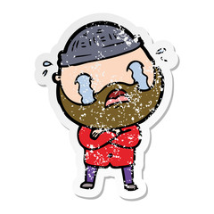 distressed sticker of a cartoon bearded man crying