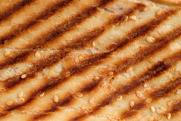 Grilled toast sprinkled with sesame seeds top view closeup. Shallow depth of field