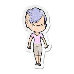 distressed sticker of a cartoon annoyed hipster girl