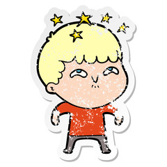 distressed sticker of a cartoon amazed boy