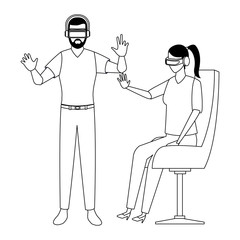 People playing with virtual reality glasses in black and white