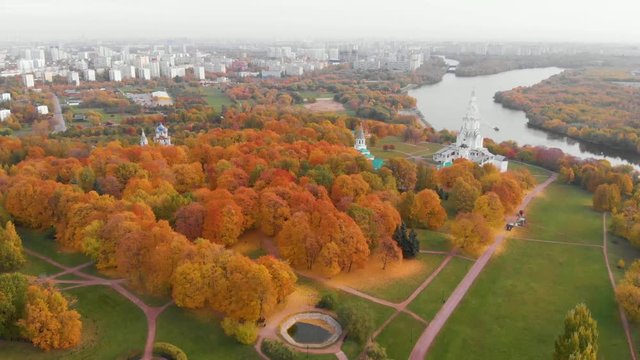 Church of the Ascension in Kolomenskoye park in autumn season aerial view, Moscow, Russia.