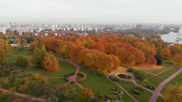 Church of the Ascension in Kolomenskoye park in autumn season aerial view, Moscow, Russia.
