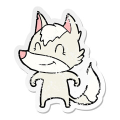 distressed sticker of a friendly cartoon wolf