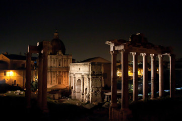 Roman Forum seen at night from the Capitoline Hill, Rome, Italy