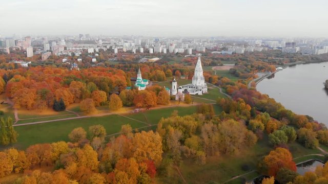 Church of the Ascension in Kolomenskoye park in autumn season aerial view, Moscow, Russia.