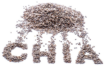 Chia word made up of chia seeds isolated on white background.