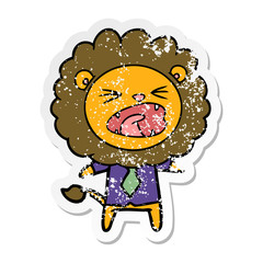 distressed sticker of a cartoon lion in business clothes