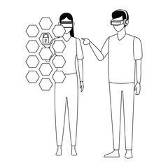 People playing with virtual reality glasses in black and white