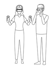 People playing with virtual reality glasses in black and white