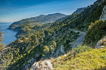 View over the Tramuntana Mountains from Mirador de Ricardo Roca in Mallorca, Spain