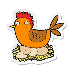 sticker of a cartoon hen on eggs