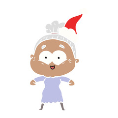 flat color illustration of a happy old woman wearing santa hat