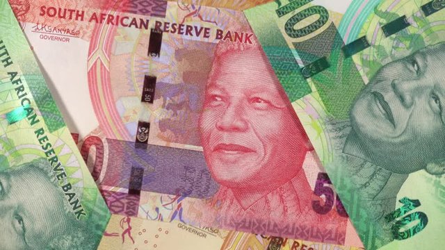 South Africa rand notes slow rotating. South African money, currency, economy. 4K stock video footage