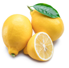Ripe lemon fruits with lemon leaf on the white background.