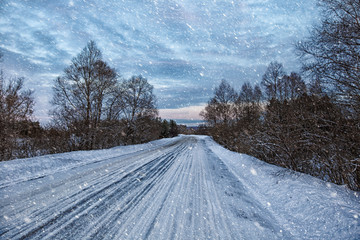 Snow  on the winter road landscape